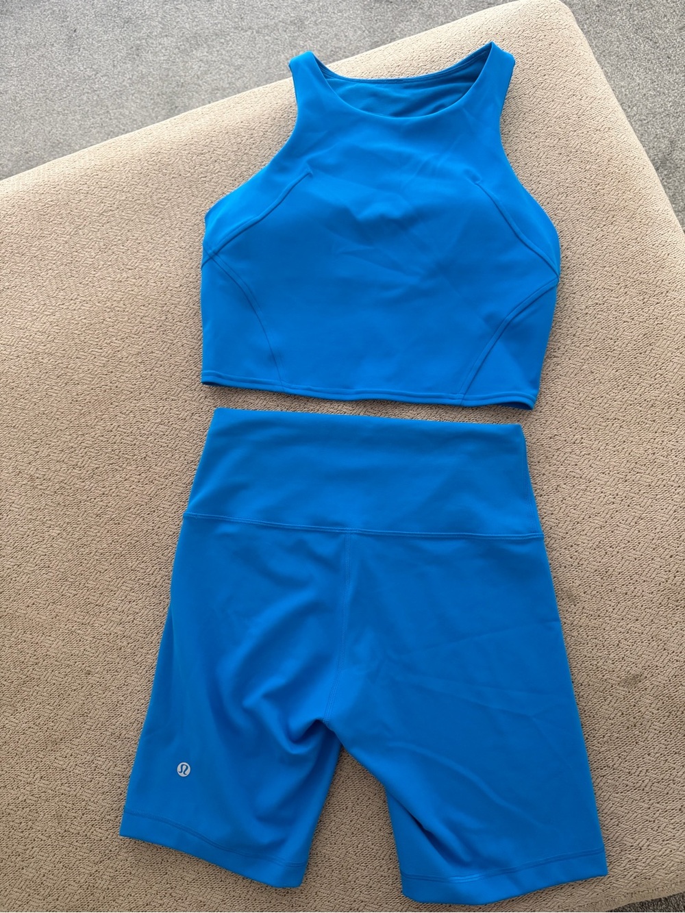 lululemon athletica Women’s Blue High-Waist Bike Shorts and Crop Top Set